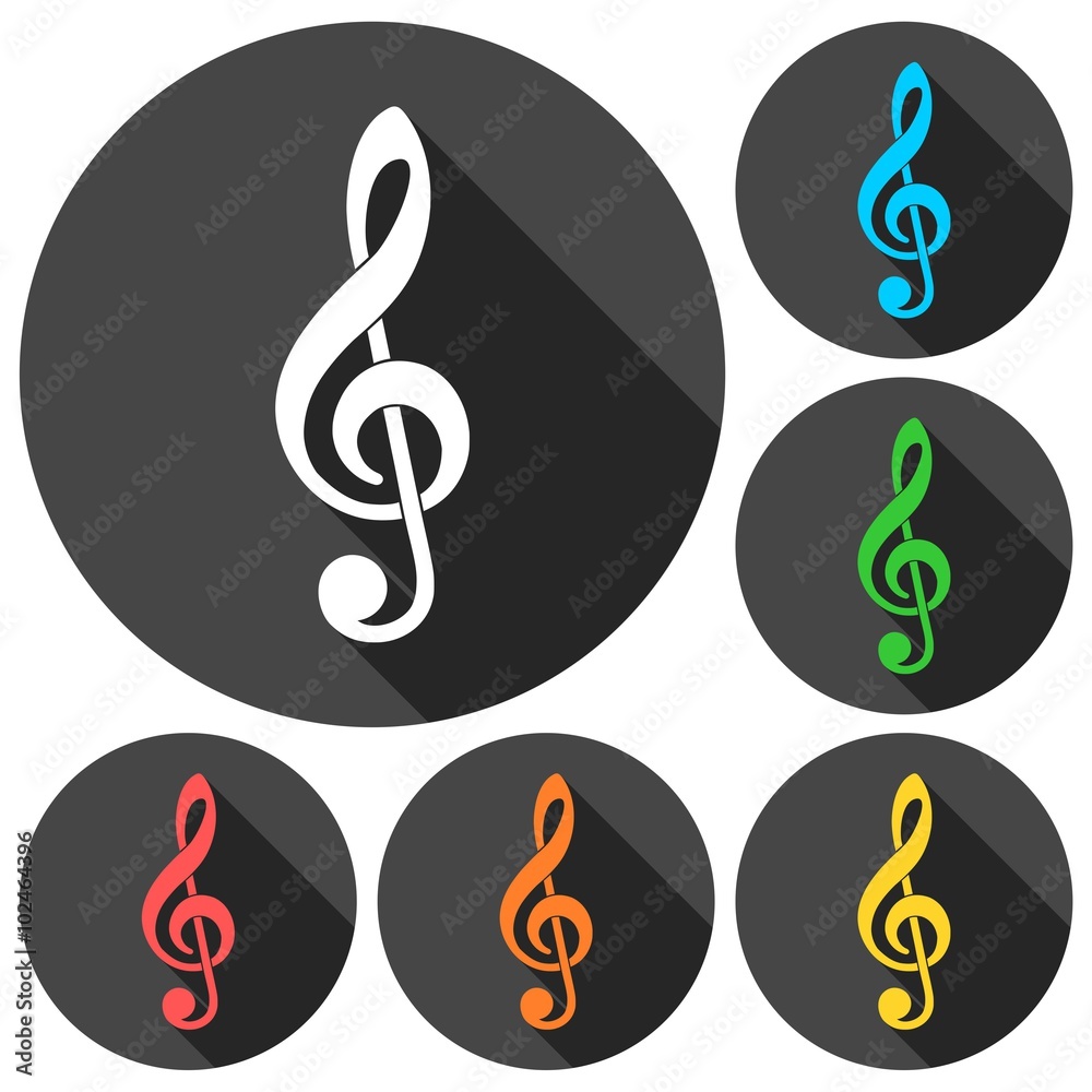 Treble clef vector icons set with long shadow Treble clef vector icons set with long shadow