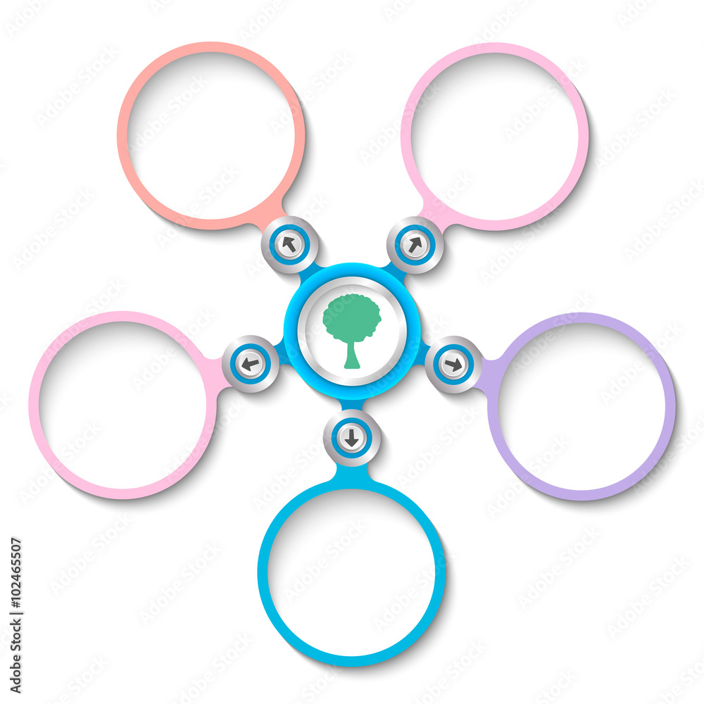Five abstract circular text boxes and tree symbol Five abstract circular text boxes and tree symbol