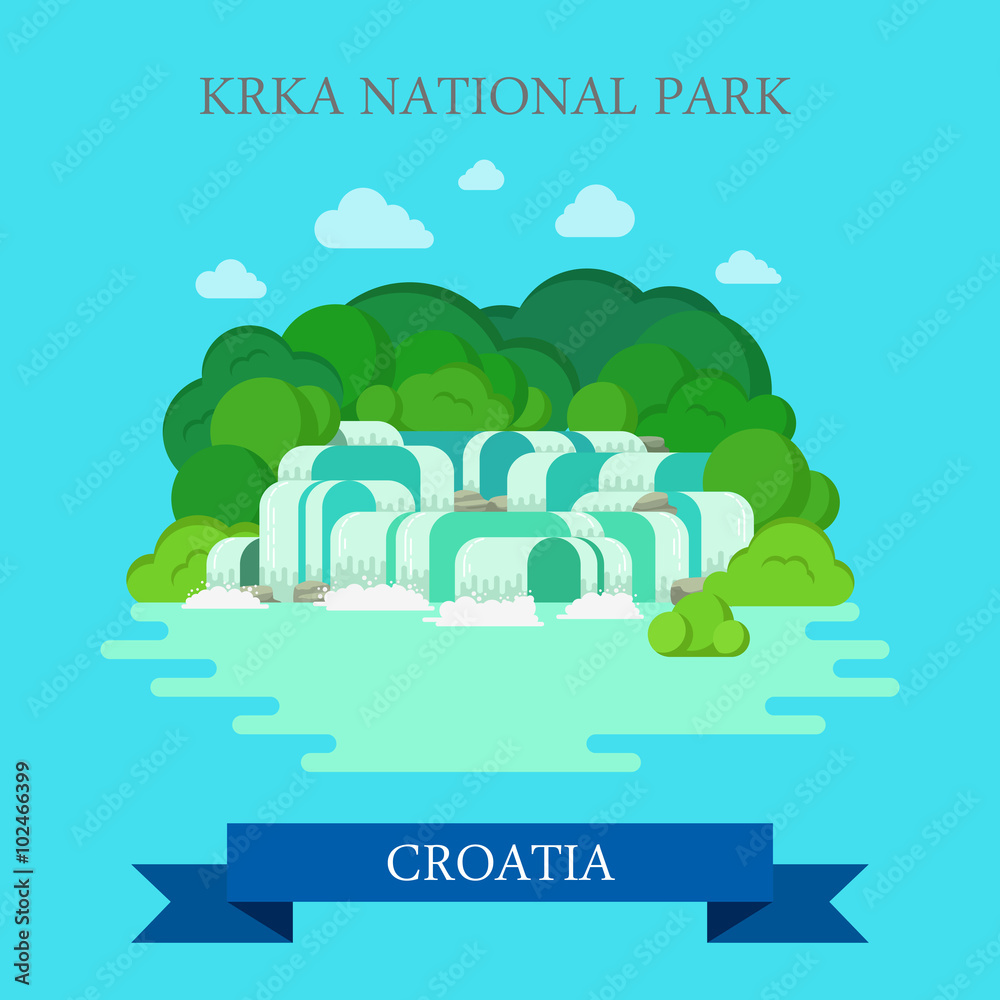 Fototapeta premium KRKA National Park Croatia flat vector attraction sight landmark