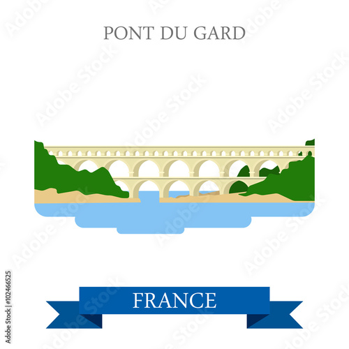 Pont du Gard in France flat vector attraction sight landmark