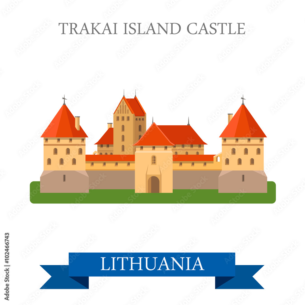 Trakai Island Castle Lithuania flat vector attraction sight