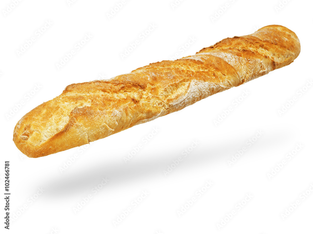 Fresh Baguette, over the white background.