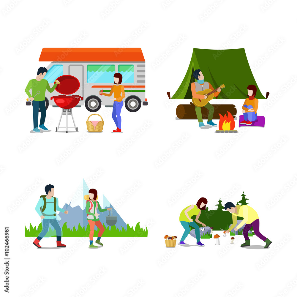 Fototapeta premium Outdoor camping barbecue people activity trailer flat vector