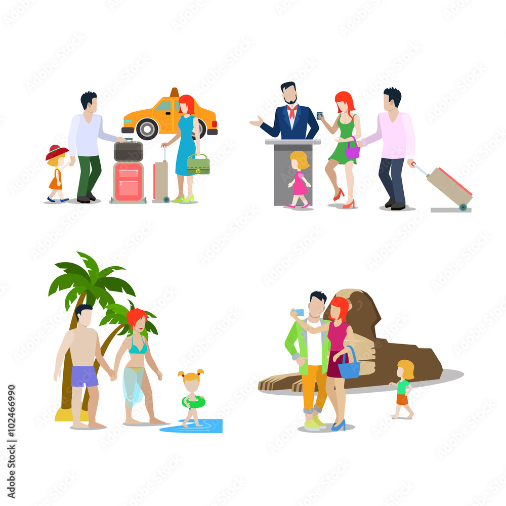 Family summer holiday travel beach vacation Egypt flat vector Family summer holiday travel beach vacation Egypt flat vector