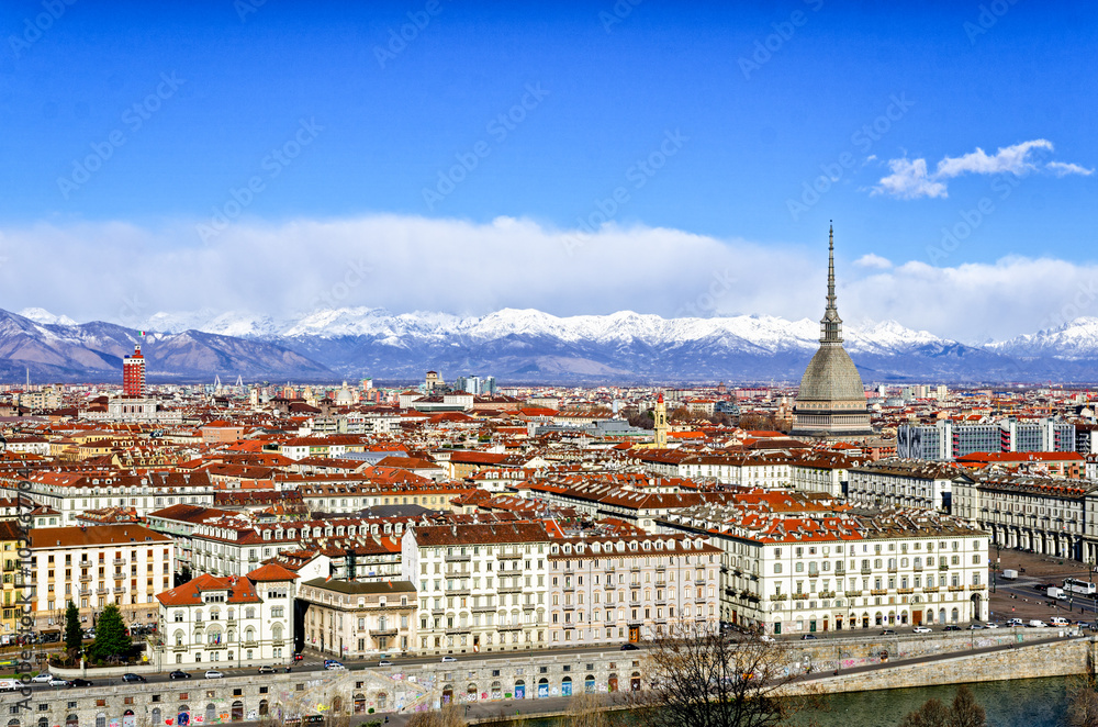 Turin (Torino) panorama with Mole Antonelliana and Alps