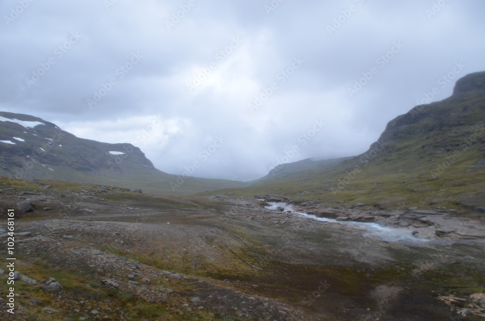 Landscape with bad weather in alpine subarctic Swedish Lapland 