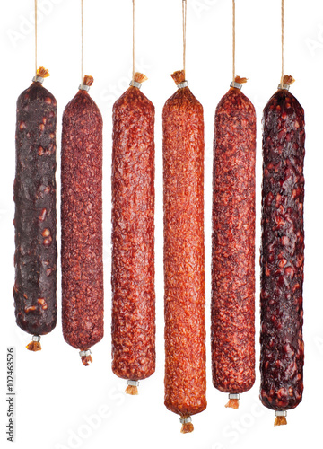 large variety salami sausages isolated