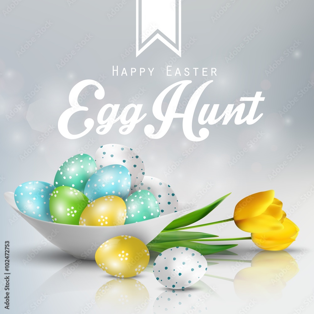 Easter background with colored eggs on a plate with yellow tulips Easter background with colored eggs on a plate with yellow tulips