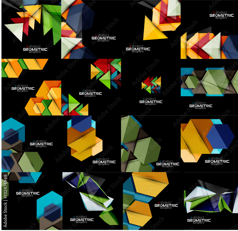 Set of geometrical abstract black backgrounds with multicolored shapes