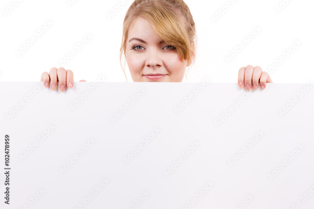 Woman with blank presentation board banner sign Woman with blank presentation board banner sign
