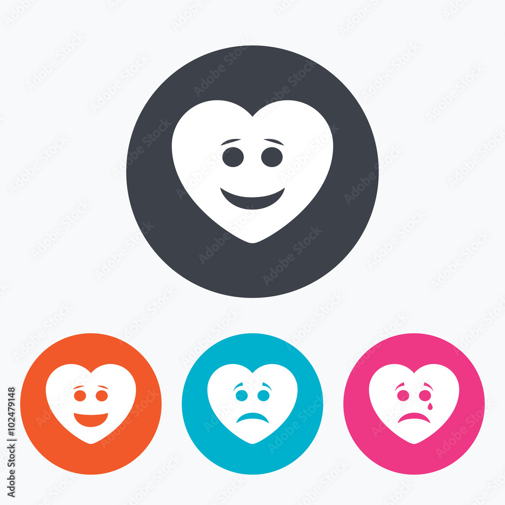 Heart smile face icons. Happy, sad, cry.