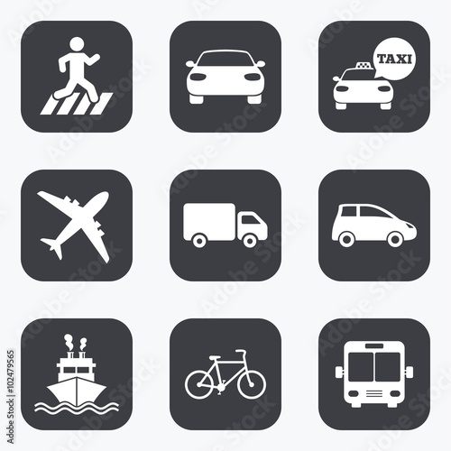 Transport icons. Car, bike, bus and taxi signs.