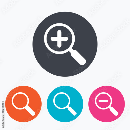 Magnifier glass icons. Plus and minus zoom tool.