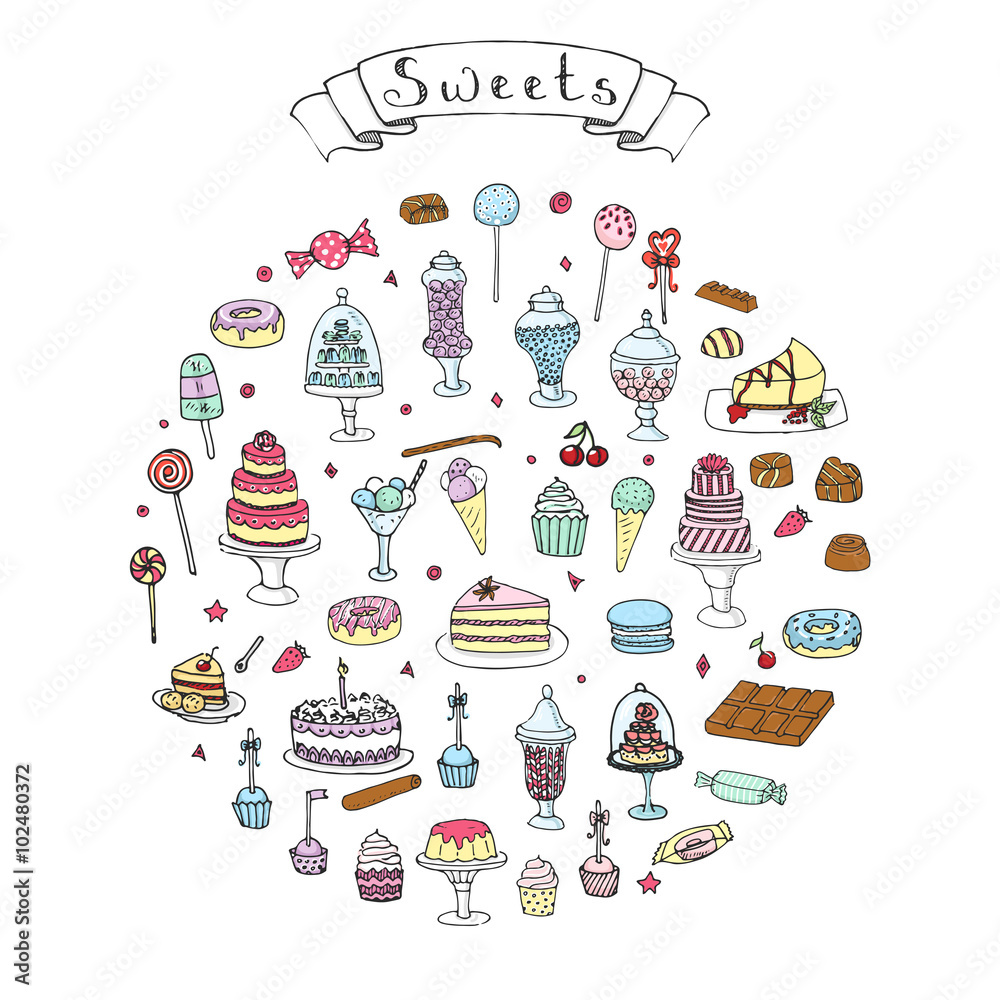 Hand drawn doodle Sweets set Vector illustration Sketchy Sweet food icons collection Isolated desert symbols on white background Cupcake Macarons Chocolate bar Candy Cake Pie Pastry Lollipop Pastry