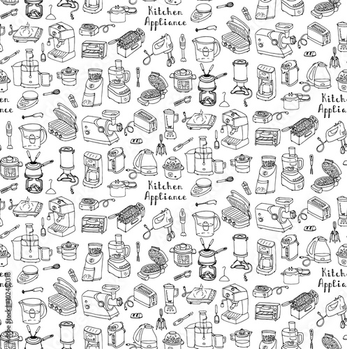 Seamless background hand drawn doodle Kitchen appliance vector illustration Cartoon icons set Household equipment Small kitchen appliances Consumer electronics Kitchenware Freehand vector sketch