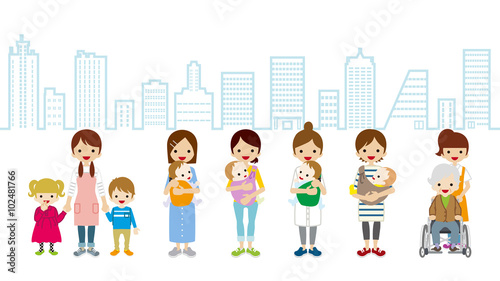 Female Child care and Caregiver - Cityscape Background