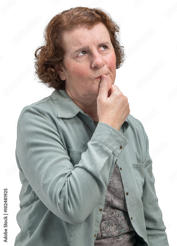 Senior adult caucasian female looking off to the distance with a pensive expression Senior adult caucasian female looking off to the distance with a pensive expression