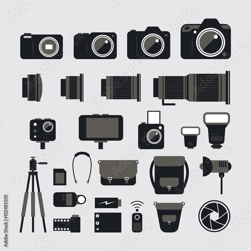 Camera, Photography Flat Icons Set, Types, Lens, Equipment and Accessories