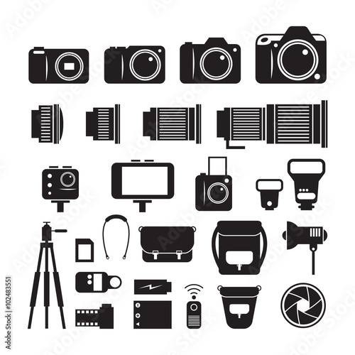 Camera, Photography Mono Icons Set, Types, Lens, Equipment and Accessories