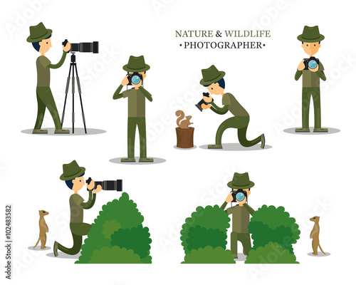 Nature and Wildlife Photographer with Camera in Action Set, Photography, Techniques, Man Taking Photos