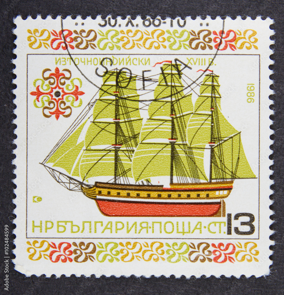 A stamp printed in Bulgaria, shows East Indiaman, 18th century in ships series, 1986