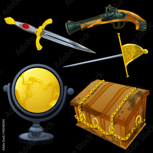 Set of ancient weapons and golden globe