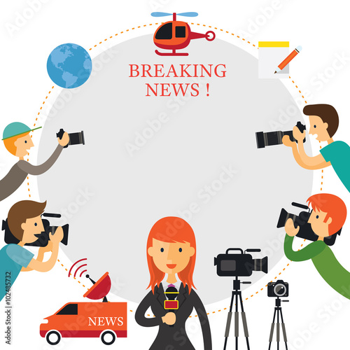 Reporter, Photographer, Cameraman, News Report Frame, Press, Journalism, Live Report, Mass Media, Broadcasting photo