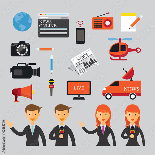 Man and Woman Reporter with News Flat Icons Set, Press, Mass Media, Global Communication, Broadcasting