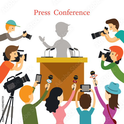 Press Conference, Journalist with Camera, Camcorder and Microphone, Interview, Mass Media, Global Communication, Broadcasting