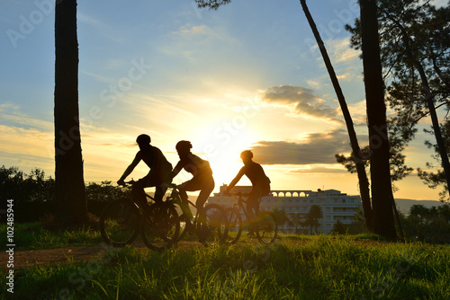 silhouettes of cyclists in a race through the woods at dawn