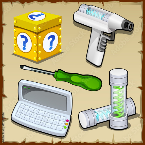 Toolbox, box, calculator, test tube inventor