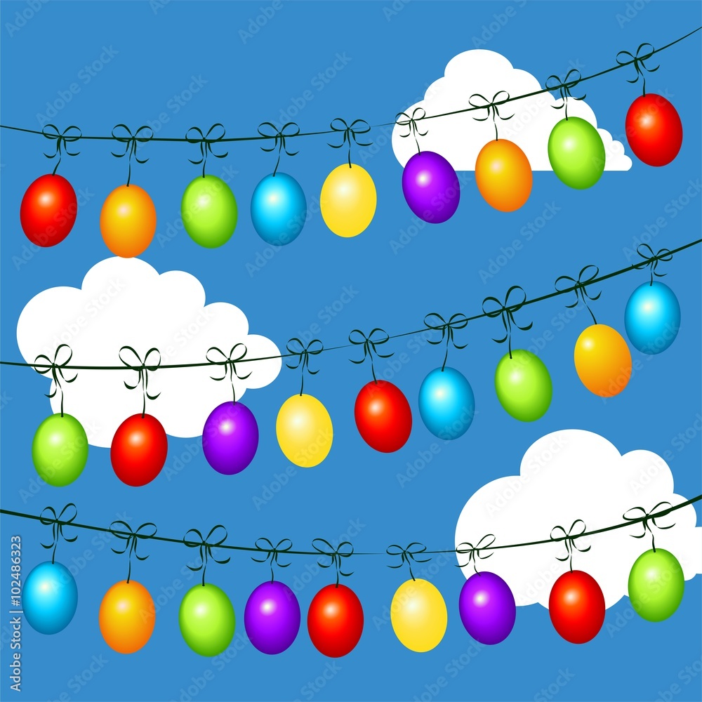 gefärbte bunte Ostereier Girlande Kette Himmel Wolken Wind  Stock-Vektorgrafik | Adobe Stock