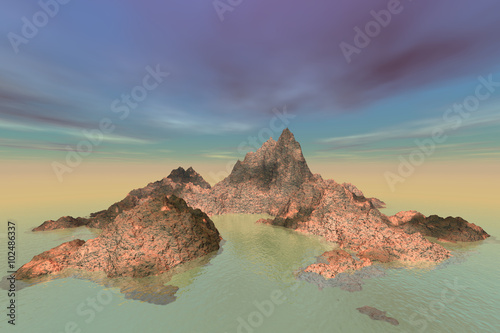 Island, a tropical landscape, rocky mountain, sea with clear waters, the clouds are red and gray in the sky.