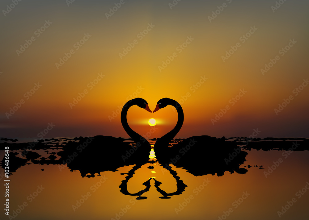 Naklejka premium illustration of two lovers swans at sunset or sunrise. Made in E