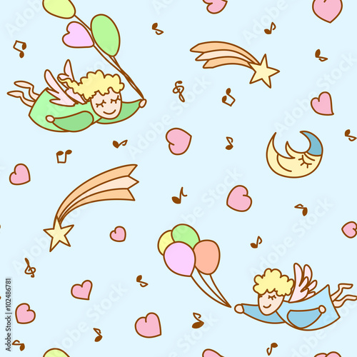 Seamless pattern made from cartoon angels with balloons  hearts