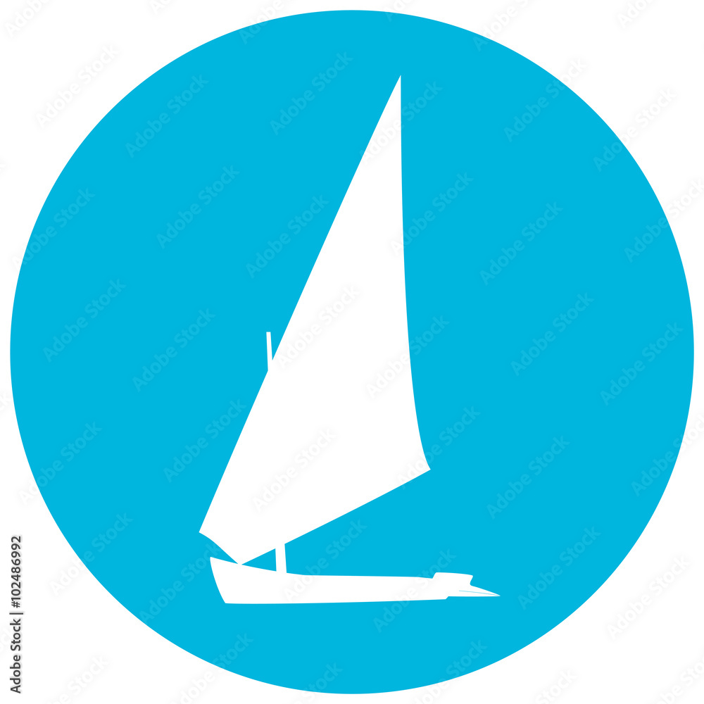 Yacht silhouette  illustration on blue circle background. Boat l