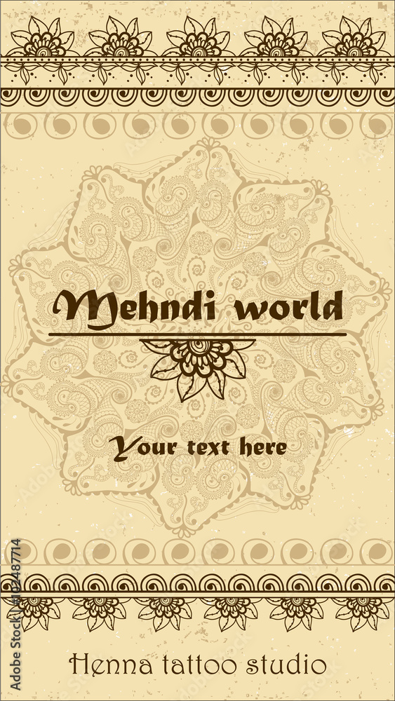 Vector background with hand drawn borders and mandala in mehndi indian style. Collection of pattern brushes inside Vector background with hand drawn borders and mandala in mehndi indian style. Collection of pattern brushes inside