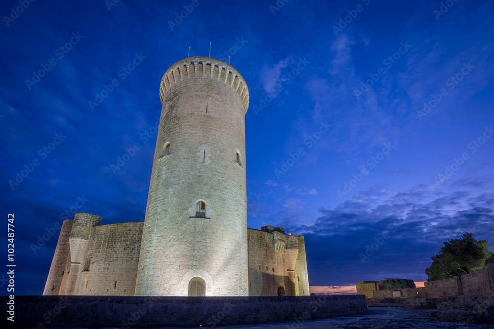 Bellver Castle tower at sunset in Majorca, wide angle