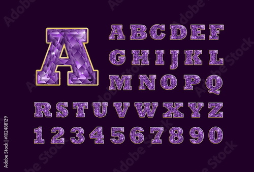 Stylized  vector sparkling jeweled Amethyst precious stone  fancy latin abc alphabet. Use letters to make your own text.