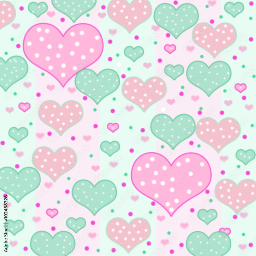 Polka dot hearts of different sizes in shades of pinks and green background.   
