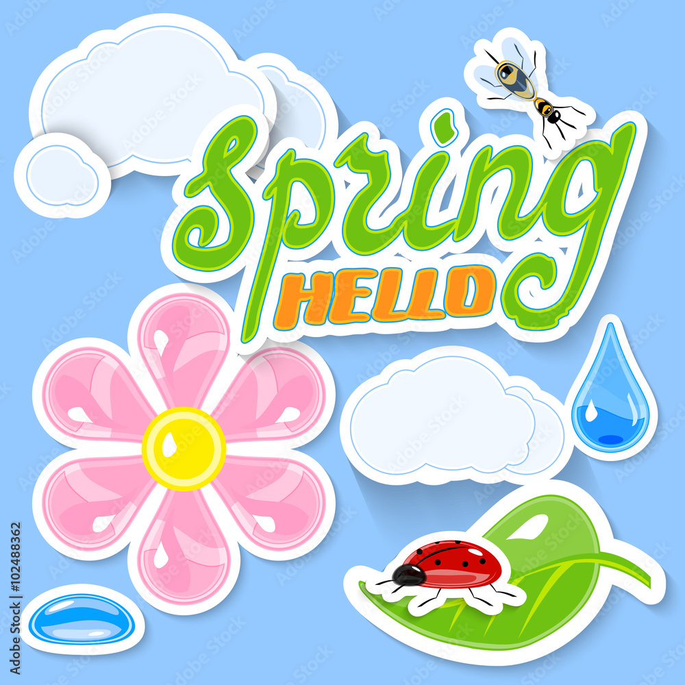 Bright Spring sticker Symbols - bee, ladybug, clouds, leaf, flower, rain drops and dewdrop. Hand Lettering 