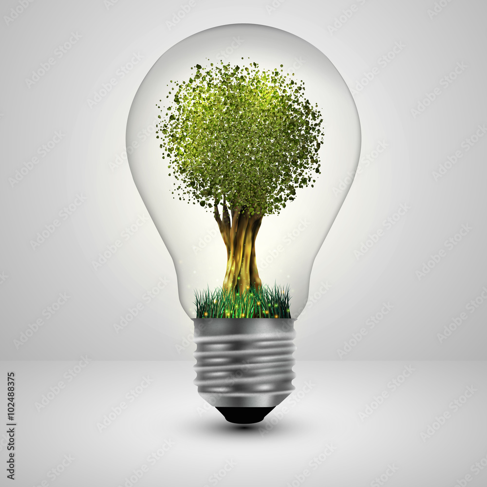 Tree in a light bulb ecology concept, Vector illustration. - obrazy, fototapety, plakaty 