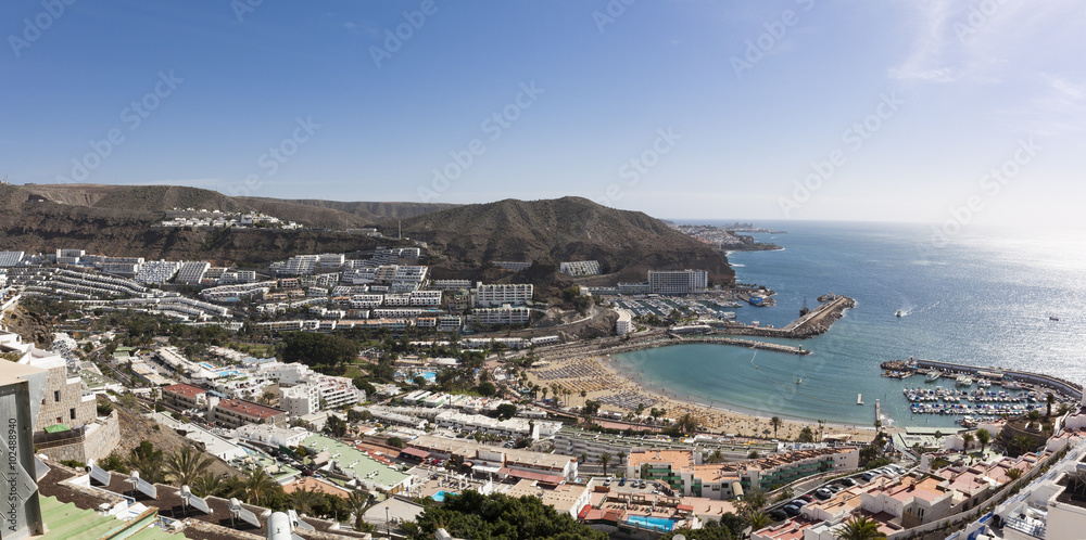 Panorama view of Puerto Rico Beach, Grand Canary Island, Spain.