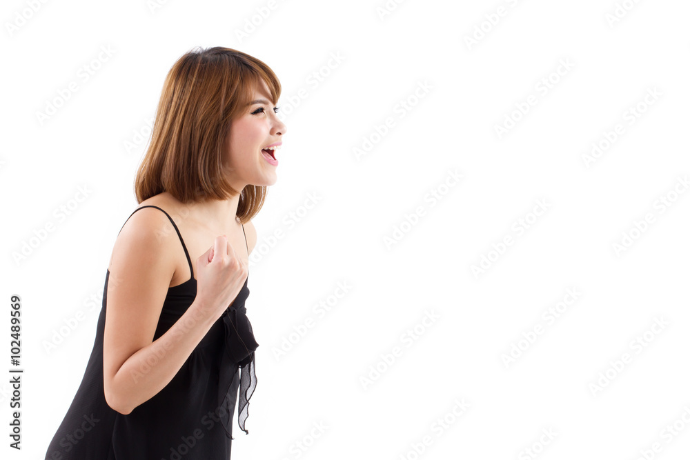 exited, happy, smiling, positive woman announcing exited, happy, smiling, positive woman announcing