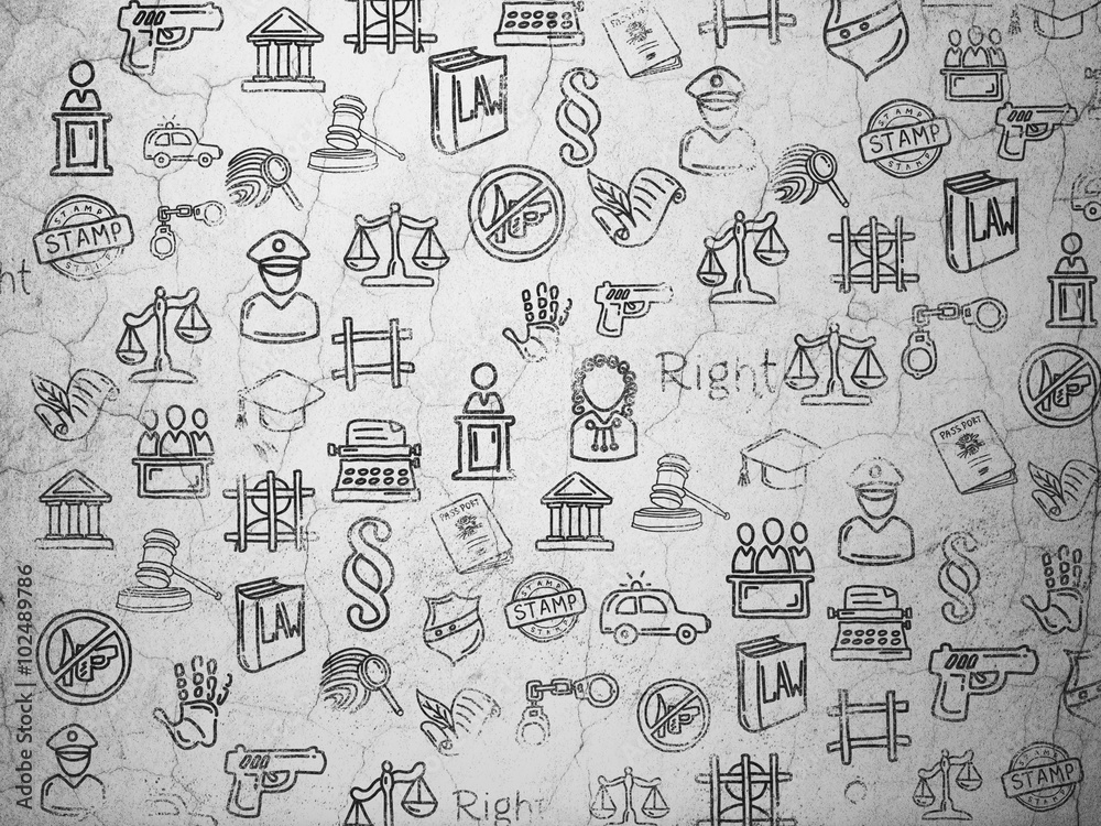 Grunge background:  wall texture with Painted Hand Drawn Law Icons