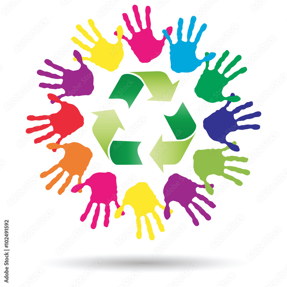 Fototapeta premium Concept circle of hands, green recycle symbol