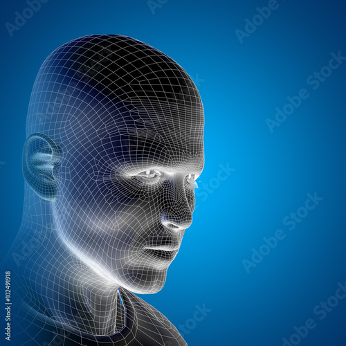 Conceptual 3D wireframe human male or man face or head