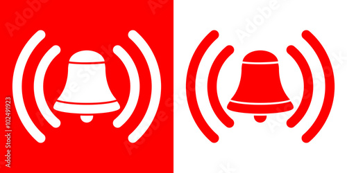 Icono plano campana de alarma en rojo y blanco photo