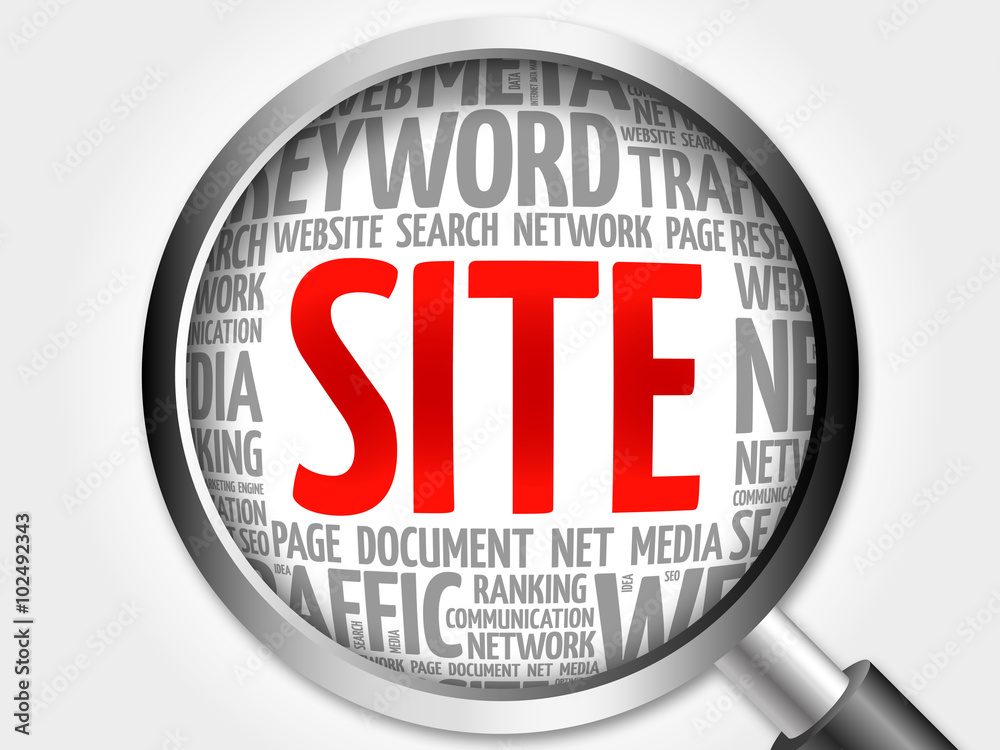 SITE word cloud with magnifying glass, business concept SITE word cloud with magnifying glass, business concept