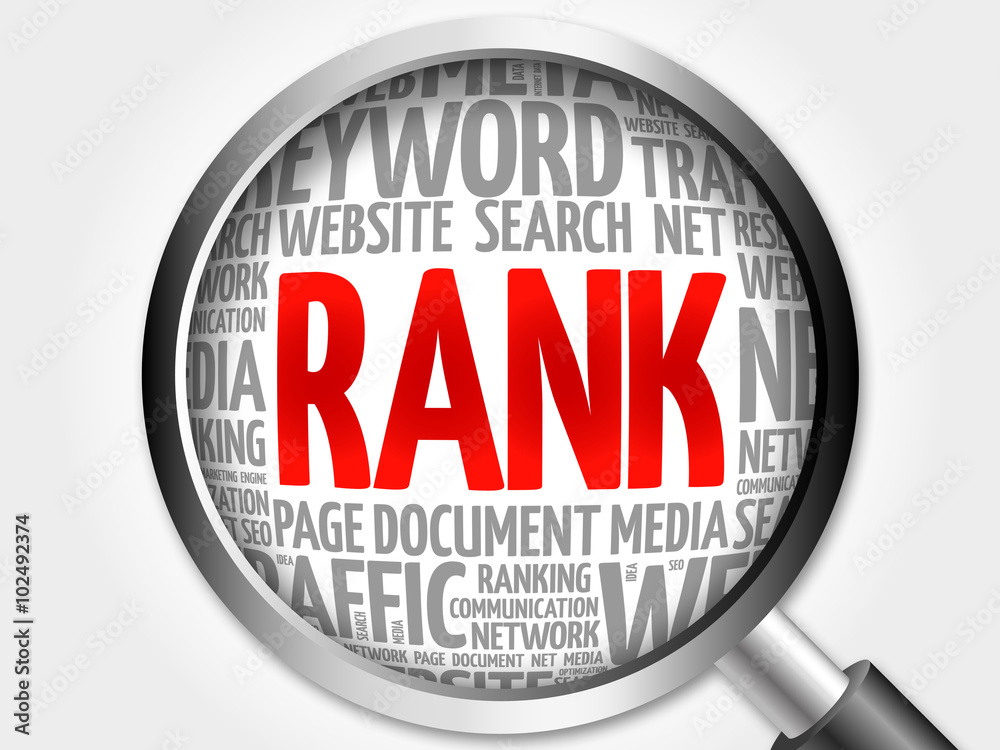 RANK word cloud with magnifying glass, business concept RANK word cloud with magnifying glass, business concept